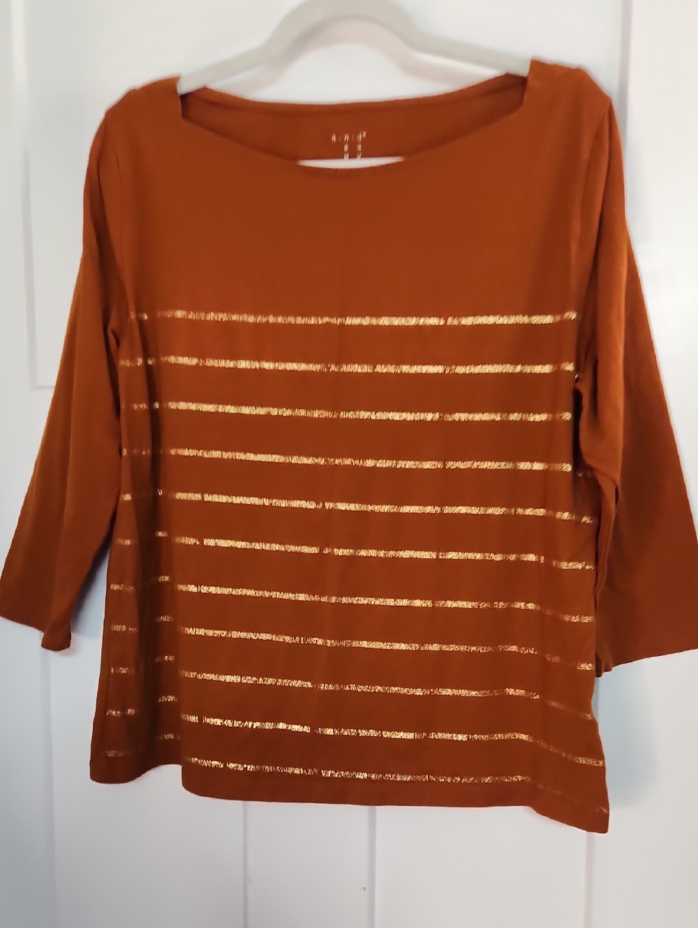 a new day Rust Long Sleeve Boatneck Top with Gold Stripes